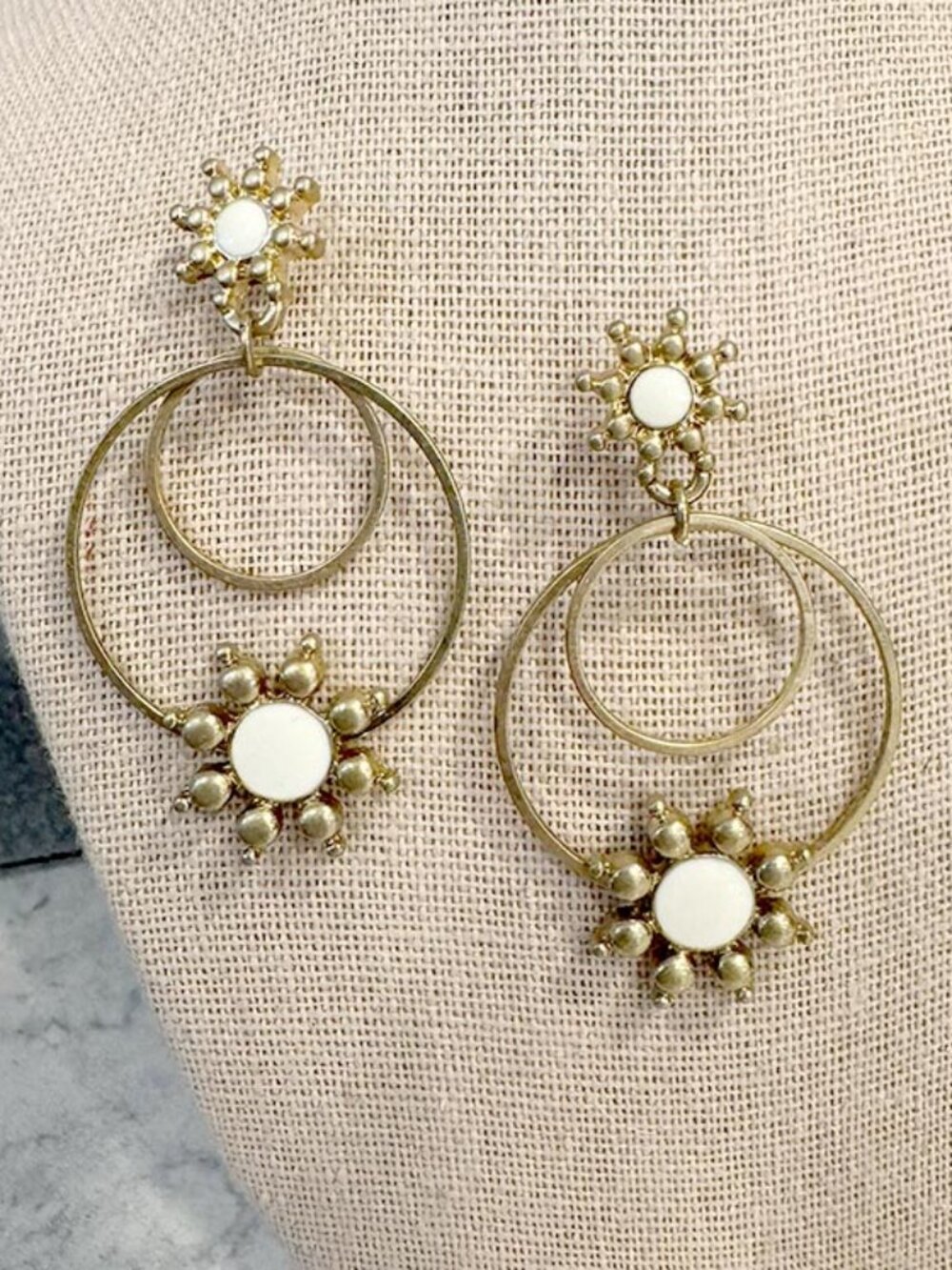 Gold and White Sun Starburst Drop Dangle Earrings
